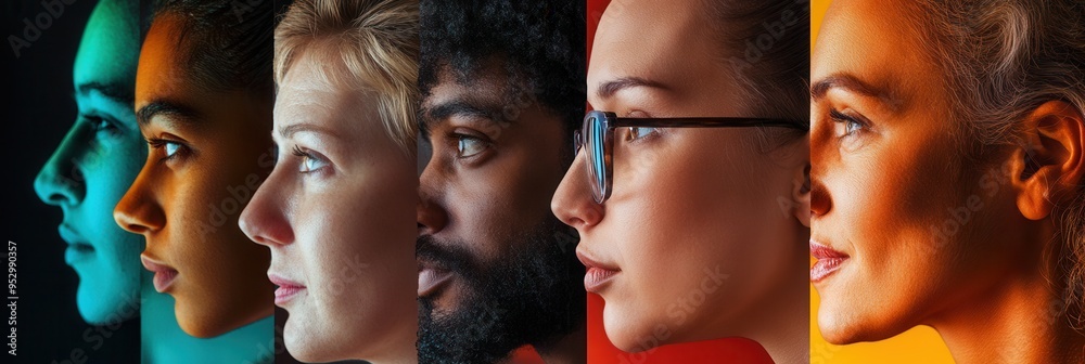 Poster faces of diverse individuals are separated by a line, showcasing the contrast of their unique charac