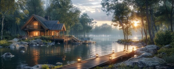 Fototapeta premium Charming Lakeside Log Cabin at Sunset with Wooden Dock and Lanterns in Serene Forest Setting