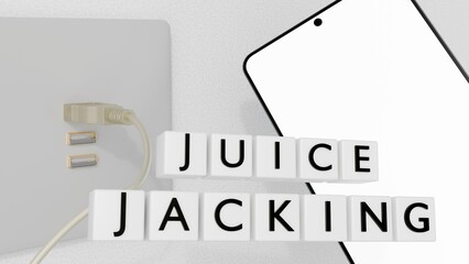 A 3D rendering of cubes labeled 'juice jacking' adjacent to a smartphone connected to a charging cable.