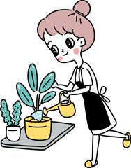 girl with flowers watering plants