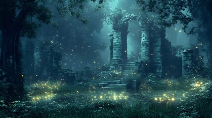 Twilight forest clearing with fireflies glowing pond and ancient stone ruins Fairy tale-inspired with glowing elements soft mystical lighting and 3D-rendered enchanted flora