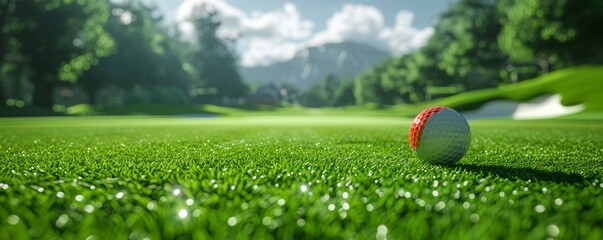 Close-up of a Golf Ball on a Pristine Green Golf Course with Scenic Mountain Background