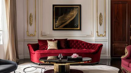 Living room with a deep red velvet sofa, black coffee table, and gold-framed artwork.
