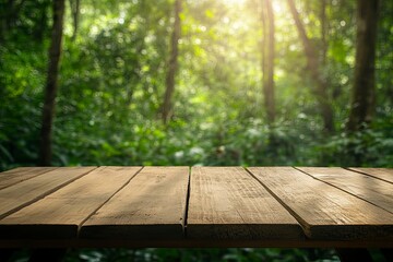 Fototapeta premium Empty wood table top with blur background of nature lush green forest. The table giving copy space for placing advertising product on the table along with beautiful green forest nature background, ai