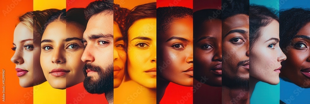 Aufkleber faces of varied backgrounds are separated by a barrier, highlighting the tension of division and the