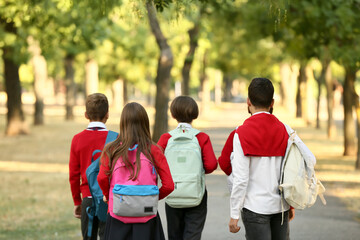 Group of pupils going to school outdoors, back view