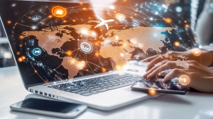 A laptop displaying a world map with travel and communication icons, symbolizing connectivity.