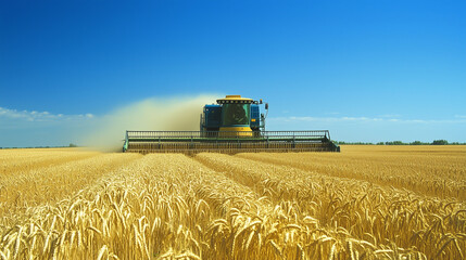 Fototapeta premium A combine harvester gathers ripe wheat in an endless field under a clear blue sky. Mid-summer, the harvest is in full swing