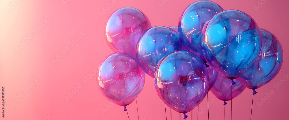 Sticker Bunch of pink and blue balloons floating against a pink background.