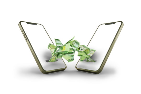 Sending and receiving Myanmar kyat notes from one mobile phone to another. Online money transfer concept. money coming out of phone isolated on transparent background. mockup template
- Powered by Adobe