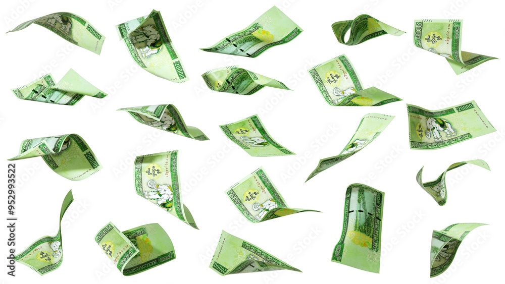 Poster 3d rendering of set of myanmar kyat notes flying in different angles and orientations isolated on tr