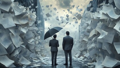 Two Businessmen Facing a Wall of Papers