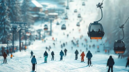 Fototapeta premium Ski resort bustling with activity, with skiers and snowboarders enjoying the slopes, Dynamic, Cool Tones, High Energy