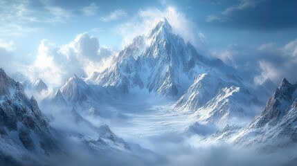 Obraz premium Snow-capped mountains towering over a frozen valley, with soft winter light illuminating the scene, Majestic, Cool Tones, Wide Shot