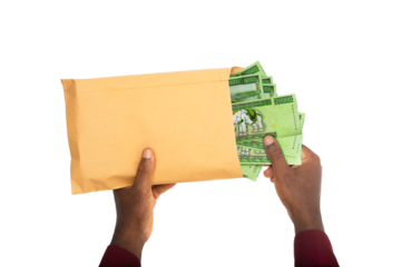 black male hands holding opened brown envelope containing Myanmar kyat notes on transparent background
