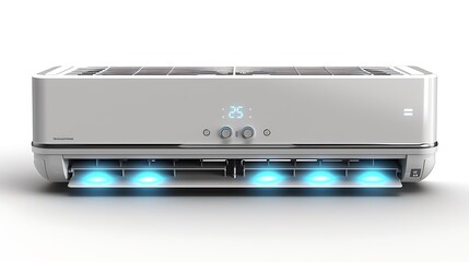Modern white air conditioner with blue light on a white background.