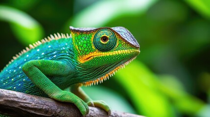 A vibrant green chameleon perched on a branch, showcasing its colorful scales.