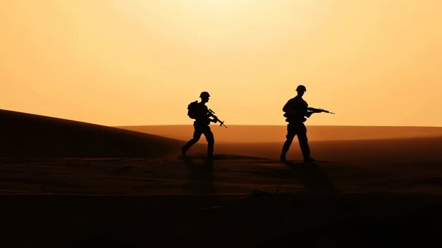 Two infantrymen patrol area unwavering watching for signs of potential threats. Infantrymen with rifles prepared diligently patrol area with eyes scanning for indicators of possible dangers