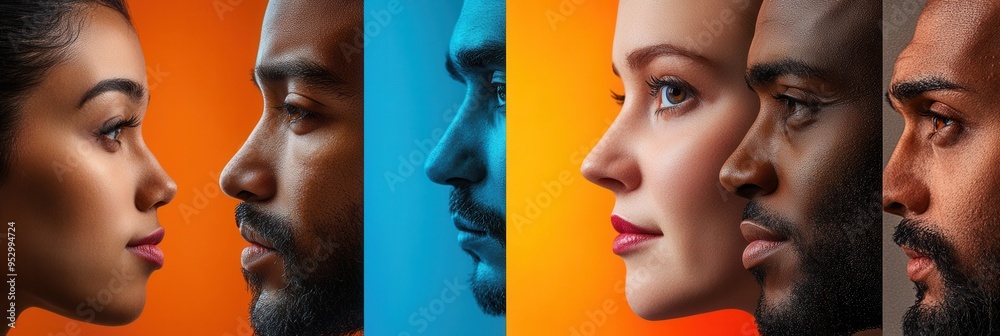 Aufkleber individuals with diverse features are portrayed against colorful backgrounds, highlighting themes of