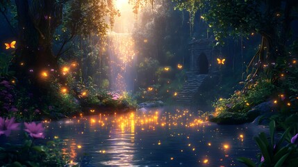 Fototapeta premium Enchanted twilight forest clearing with a glowing pond fireflies and ancient ruins Fairy tale-inspired with glowing elements soft mystical lighting and 3D-rendered enchanted flora