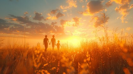 Happy Family Traveling Together at Sunset in a Scenic Field, Embracing Nature and Adventure