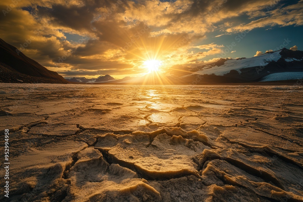 Aufkleber cracked earth reflects the harsh sunlight as melting glaciers showcase the stark effects of climate 