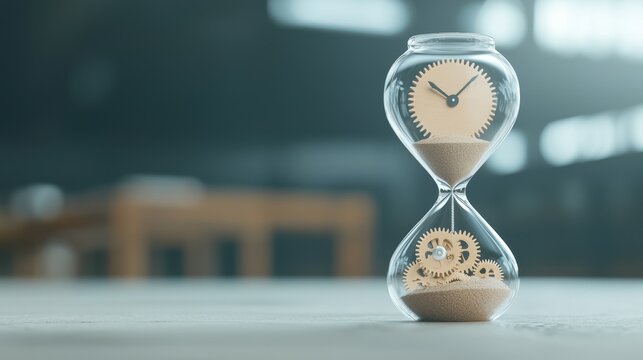 Hourglass with clock face on top and gears below symbolizing efficient time management and productivity in industrial settings