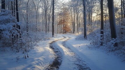 Snow-covered woodland trails winding through a snow-covered forest, with frosty trees arching overhead, creating a serene winter landscape, Serene, Cool Tones, Wide Angle