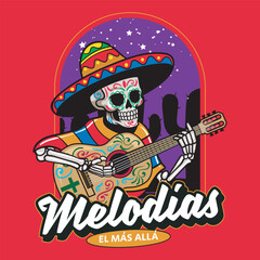 Day of the Dead Mexican Calavera sombrero Skulls Holiday vector hand drawn cartoon illustration for sticker, badge, patch, banner, greeting card, invitation