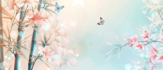 Pastel Floral Dreamscape with Delicate Butterflies