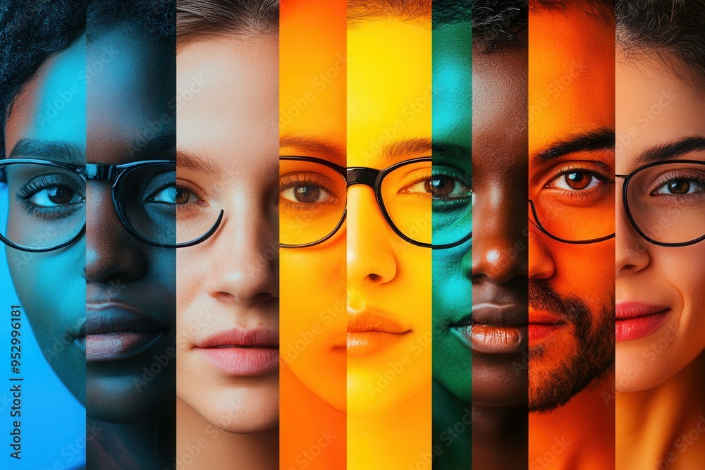 Poster vividly contrasting faces display diversity and the visual impact of barriers, highlighting differen