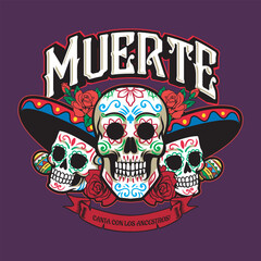 Day of the Dead Mexican Calavera sombrero Skulls Holiday vector hand drawn cartoon illustration for sticker, badge, patch, banner, greeting card, invitation