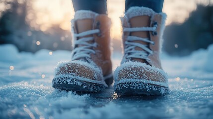 Winter boots in the snow, with frost glittering on the ground and soft light illuminating the scene, creating a serene winter scene, Serene, Cool Tones, Detailed