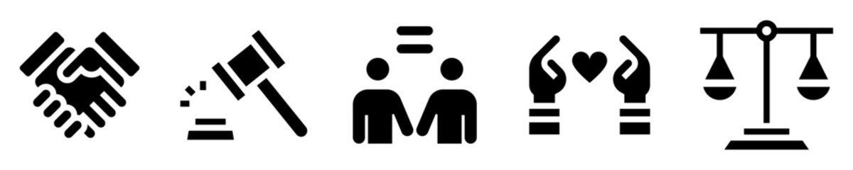 Obraz premium Social justice icons set. Handshake, gavel, equality, hand holding heart, fairness scales. Solid icons. Vector illustration