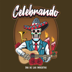 Day of the Dead Mexican Calavera sombrero Skulls Holiday vector hand drawn cartoon illustration for sticker, badge, patch, banner, greeting card, invitation