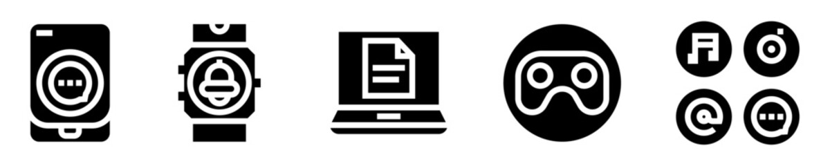 Device applications icons set. Technology. phone app, smartwatch, digital document, game controller. Solid icons. Vector illustration