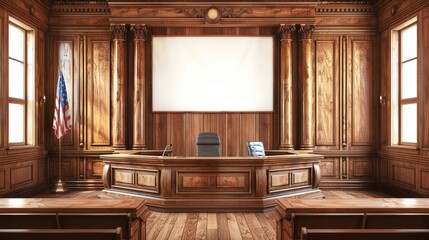 Elegant Wooden Judge's Bench with American Flag in Classic Courtroom Setting - Frame Border Background Concept