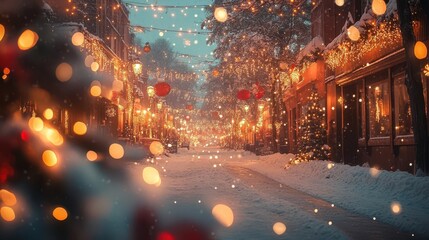 Fototapeta premium Winter holiday scene with festive decorations, snow-covered streets, and twinkling lights, Festive, Warm Glow, Wide Angle