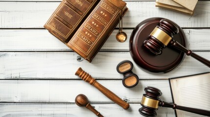 Frame Border Background of Judge Concept with Gavel, Law Books, and Legal Documents on Wooden Table