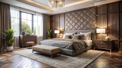 In this modern sanctuary, sheer curtains filter morning sunlight, casting a warm glow on the plush headboard, as rich walnut wood and soft gray contrast.