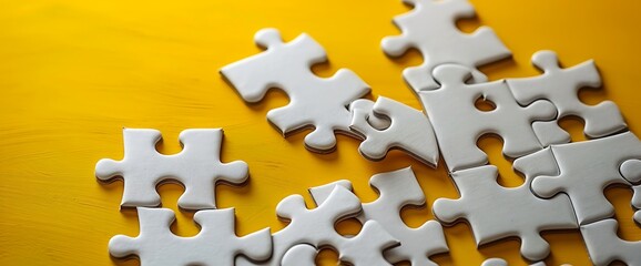 Obraz premium White puzzle pieces scattered on a bright yellow background.