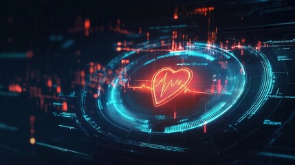 Glowing heart rate monitor, futuristic holographic interface, digital pulses, dark background