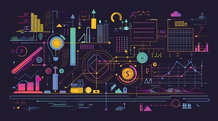 Obraz premium Abstract Futuristic Interface with Colorful Geometric Shapes and Charts