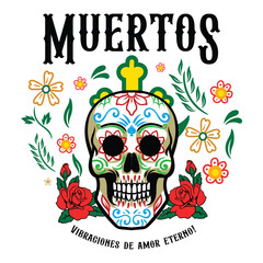 Dia de Los Muertos Mexican Calavera Skulls Holiday vector hand drawn cartoon illustration for sticker, badge, patch, banner, greeting card, invitation