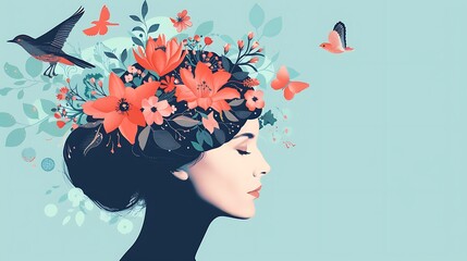 A stylized profile of a woman adorned with flowers and butterflies, symbolizing nature and beauty.