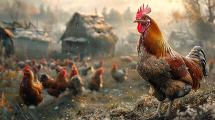 A rooster stands proudly in front of a flock of chickens in a foggy rural setting, with a rustic village in the background.