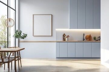 Fototapeta premium Poster Mockup in Kitchen Interior with White Wall created with Generative AI