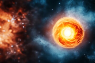A vibrant star shines in the cosmos, surrounded by colorful clouds of gas and distant celestial bodies. A sight of cosmic beauty.