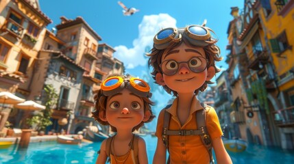 Joyful Family Travel Adventure: Happy Children Exploring a Picturesque Canal Town on a Sunny Day