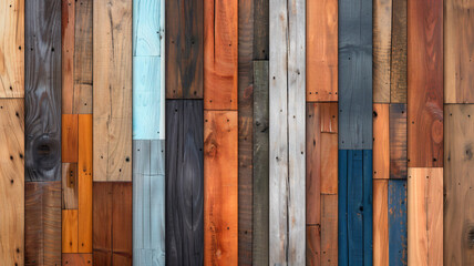 Vibrant wood panels in diverse natural and painted colors with varied textures